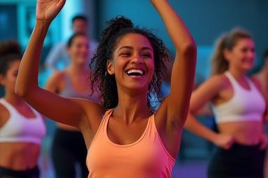 Diverse group participating in a high-energy fitness class together