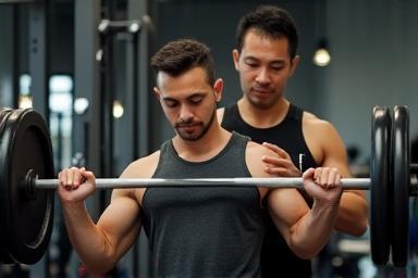 Personal trainer assisting client with weights in a focused session