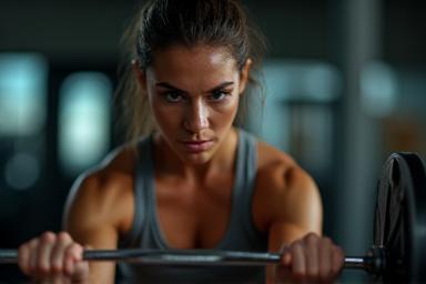 Someone focused on lifting weights during a strength training session